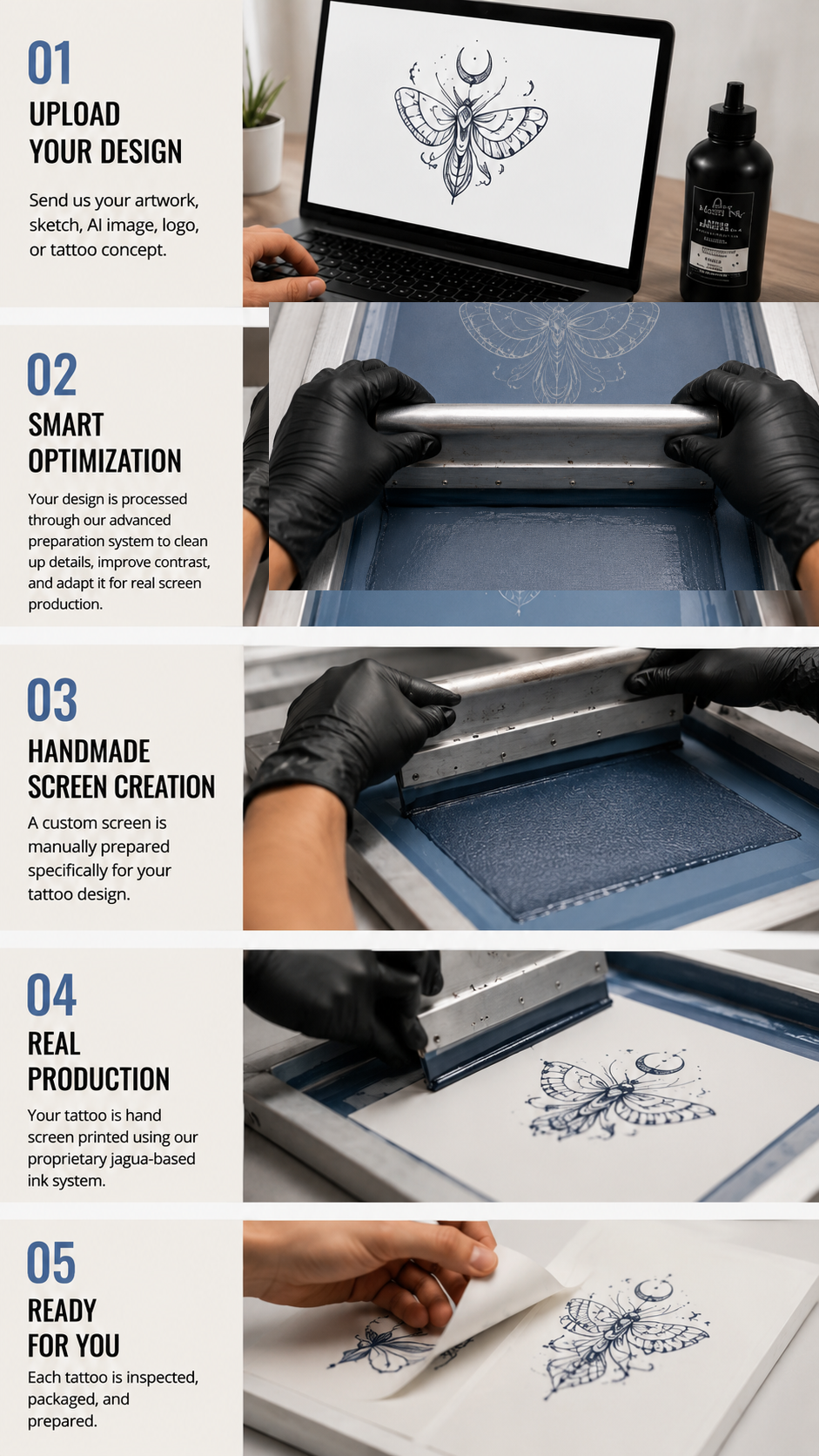 Your Design. Real Hand Screen Printing. Each Order Includes 5 Matching Tattoos.